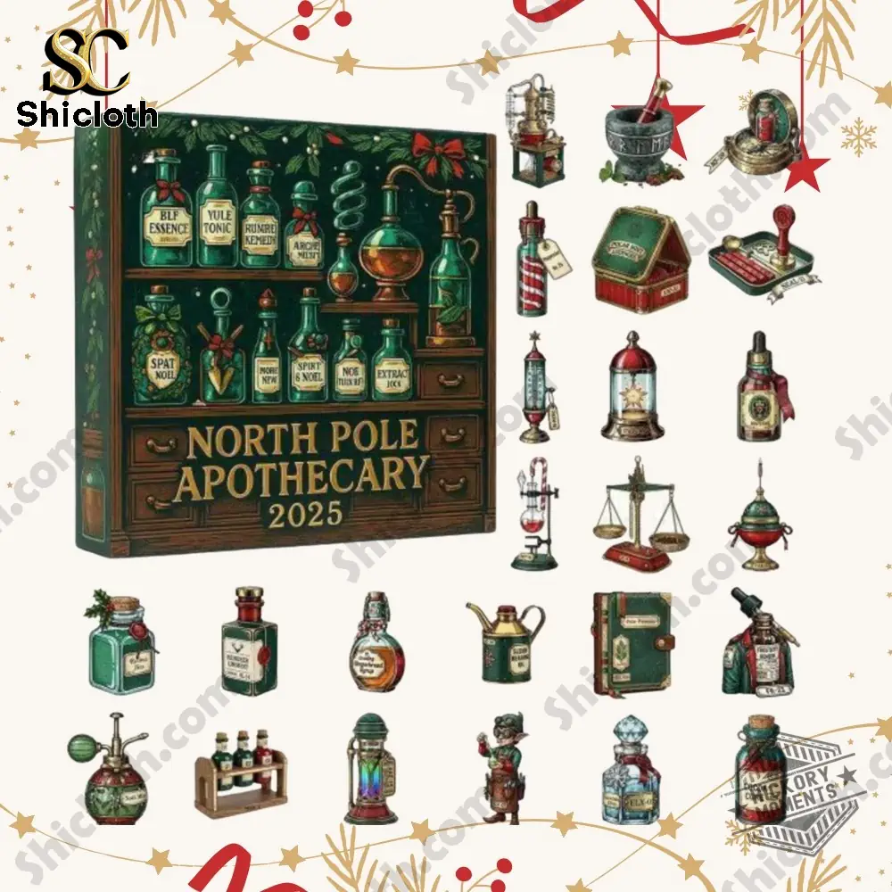 North Pole Apothecary 2025 Advent Calendar with miniature potion bottles and vintage apothecary items.