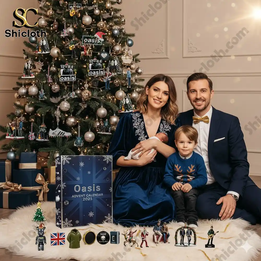 Family sitting by Christmas tree with Oasis 2025 Advent Calendar and collectible figures.