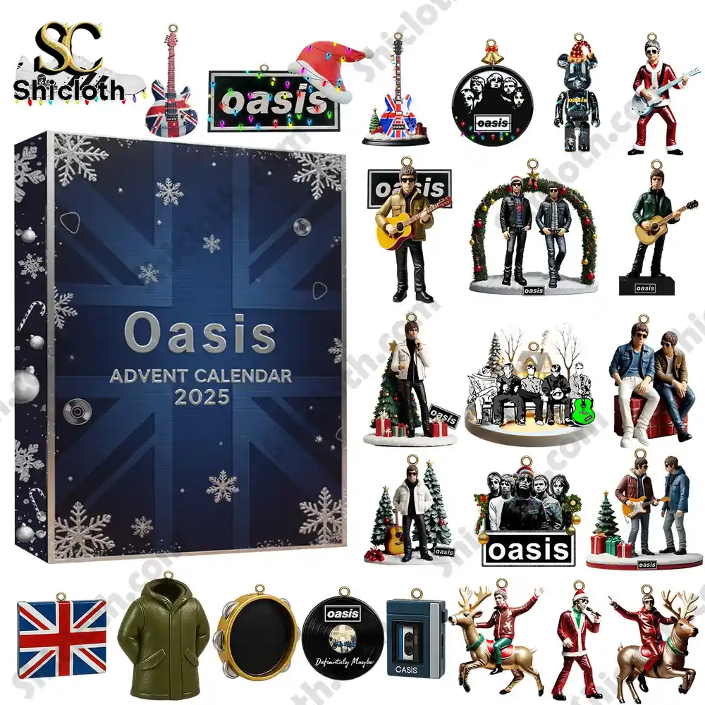 Close up of Oasis 2025 Advent Calendar with ornaments and collectible figures.
