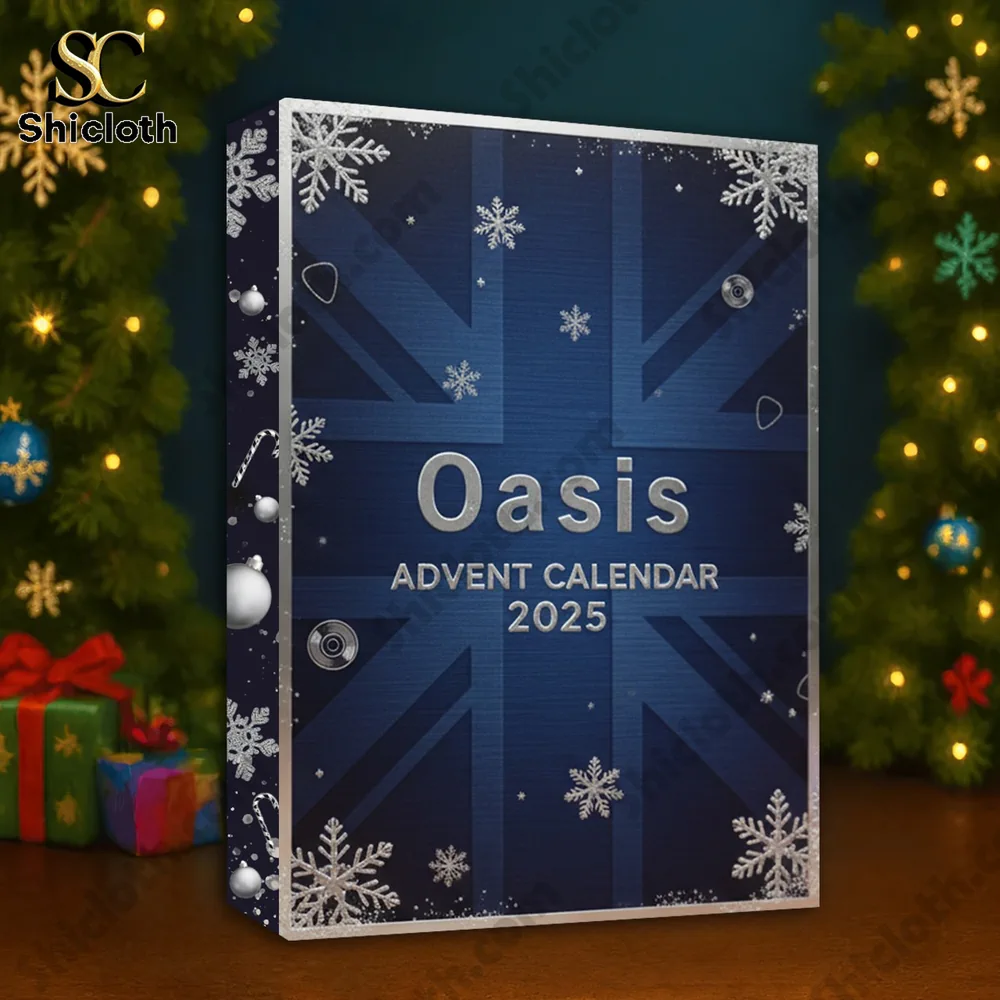 Oasis Band Premium Advent Calendar 2025 3 Oasis 2025 Advent Calendar box displayed near Christmas tree.