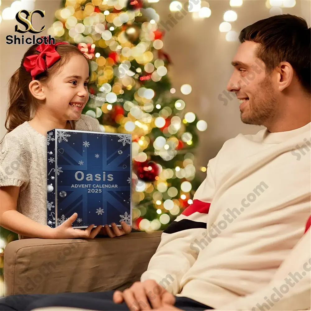 Oasis Band Premium Advent Calendar 2025 4 Child holding Oasis 2025 Advent Calendar smiling with father by Christmas tree.