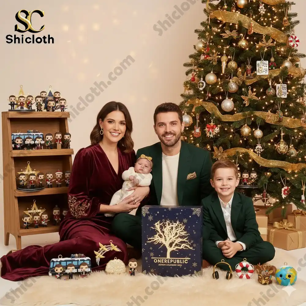 Family sitting by Christmas tree with OneRepublic advent calendar box.