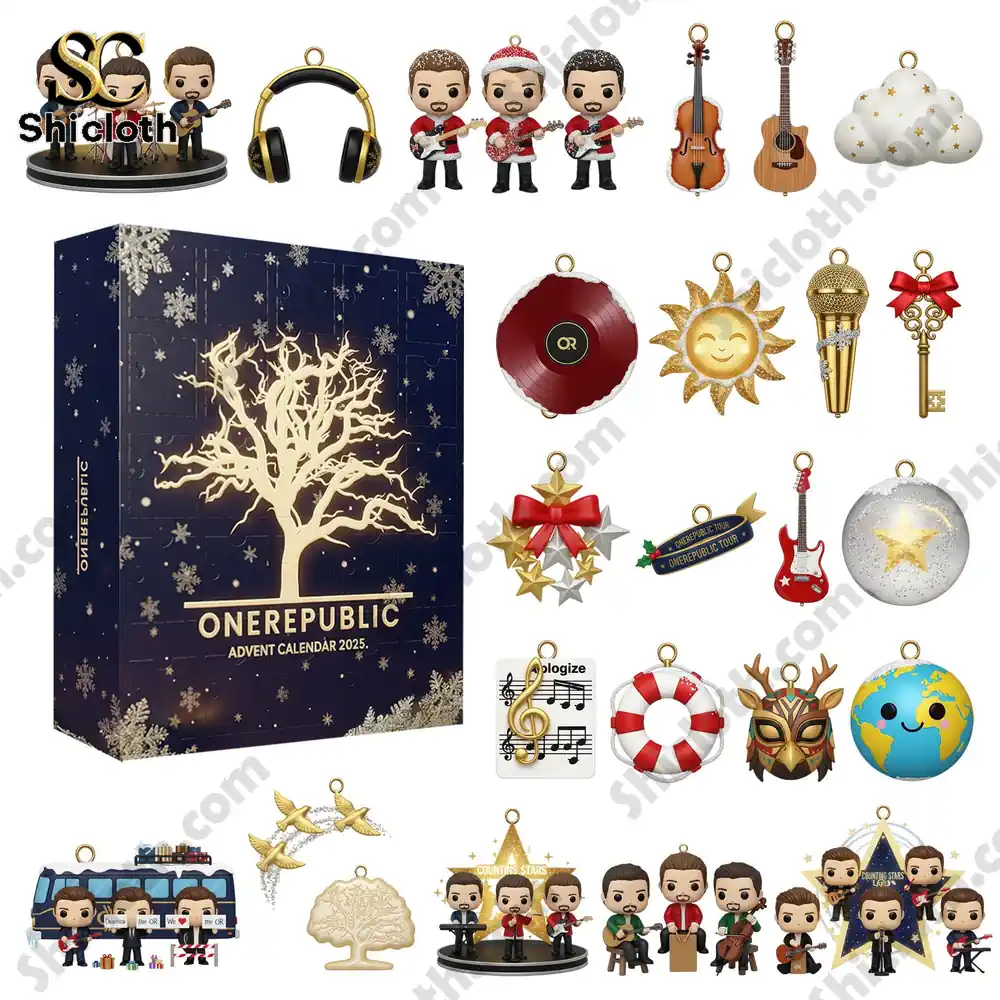 OneRepublic advent calendar box on a wooden surface with lights.