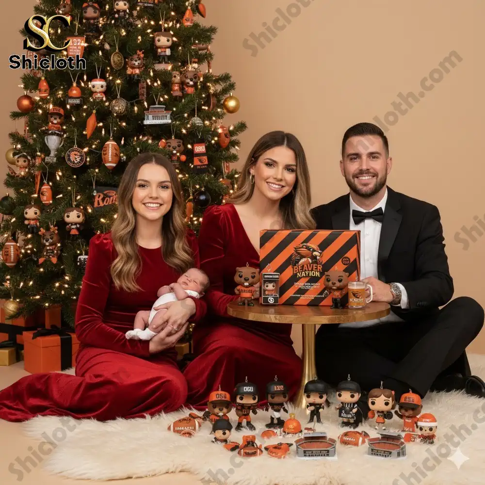 A family poses in front of a Christmas tree decorated with Beaver Nation ornaments and collectible figures, featuring the Beaver Nation Advent Calendar box on a table.