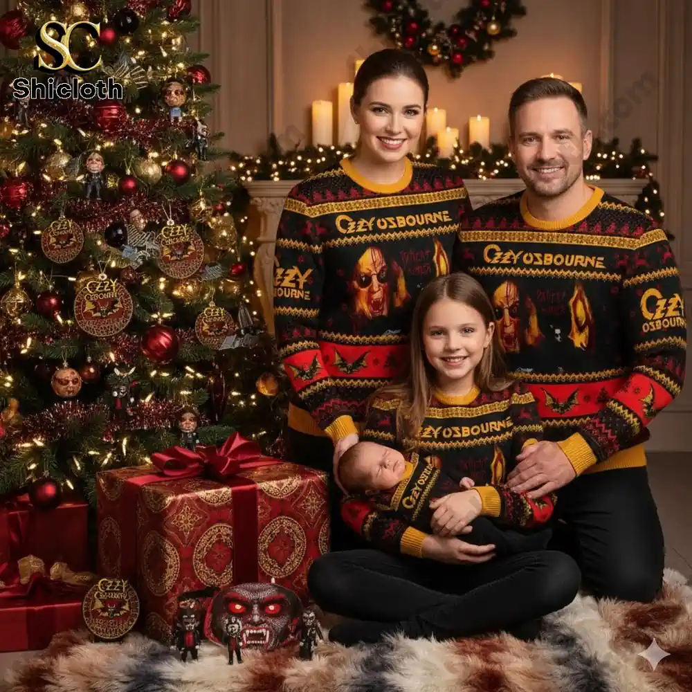 A family wearing matching Ozzy Osbourne Christmas sweaters poses by a decorated Christmas tree.