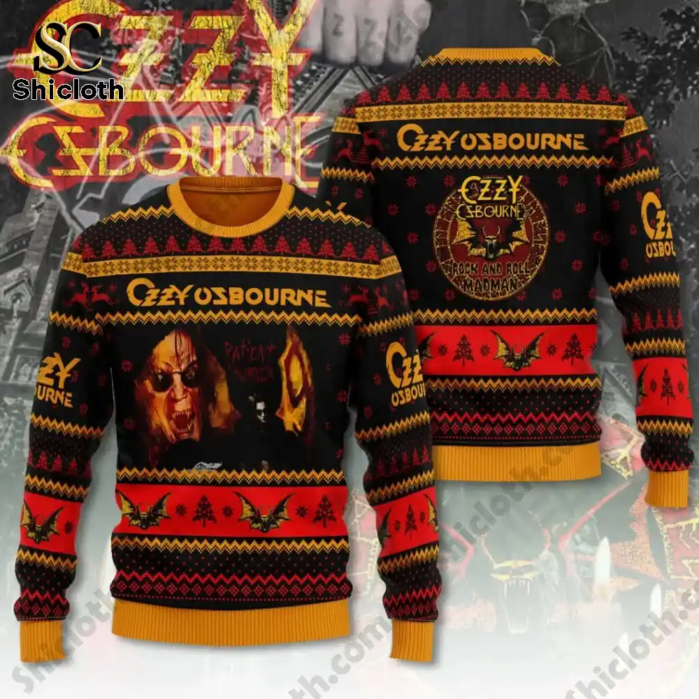 Front and back view of Ozzy Osbourne Christmas sweater featuring rock-themed patterns.