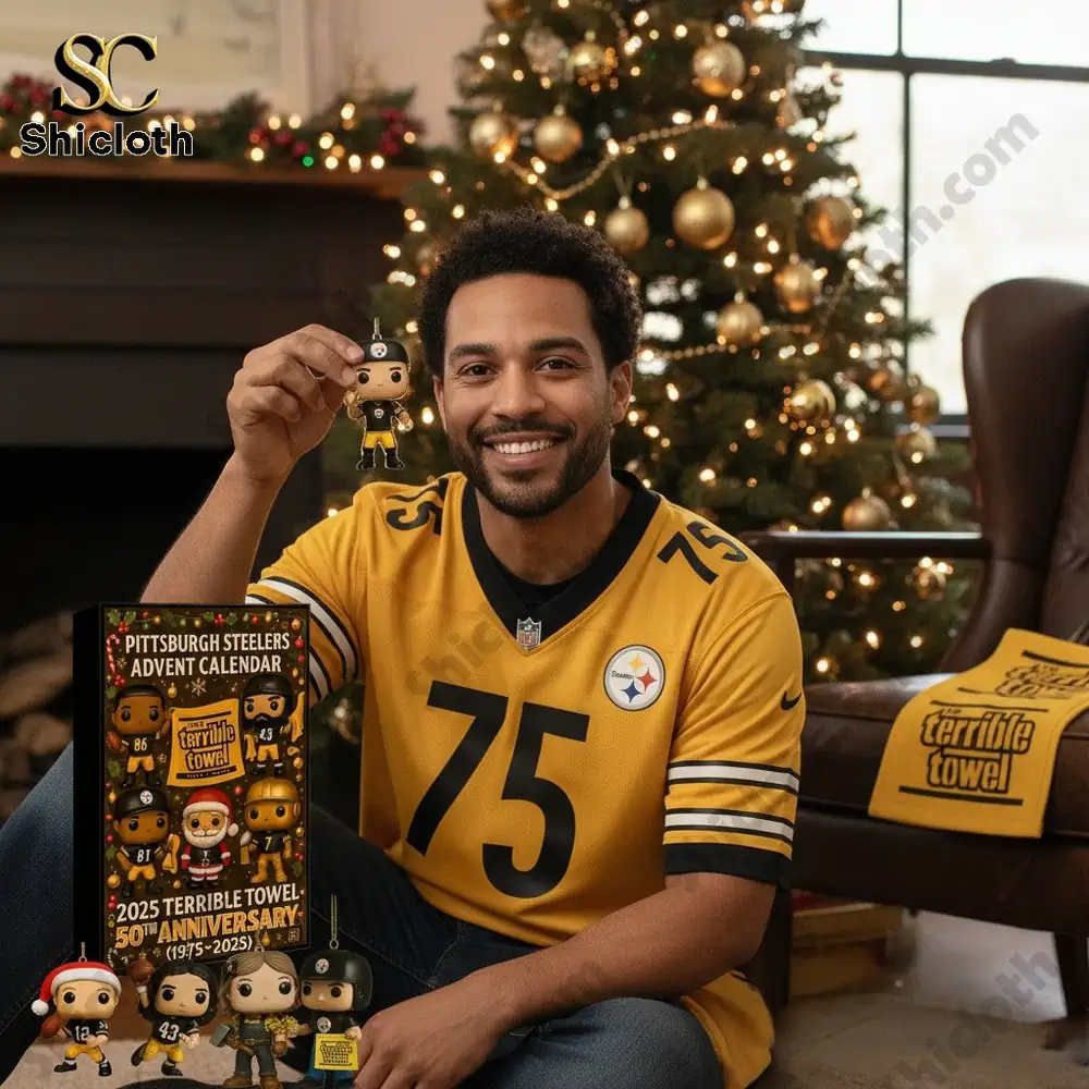 P Steelers 50th Anniversary Terrible Towel 2025 Advent Calendar 4 A man wearing a Pittsburgh Steelers jersey holds a mini collectible figure beside the 2025 Advent Calendar!