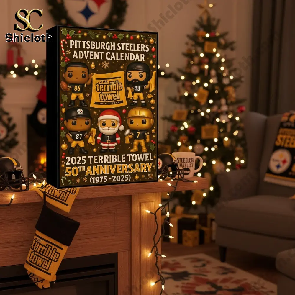 P Steelers 50th Anniversary Terrible Towel 2025 Advent Calendar 5 The Pittsburgh Steelers 2025 Terrible Towel 50th Anniversary Advent Calendar displayed by a Christmas fireplace!