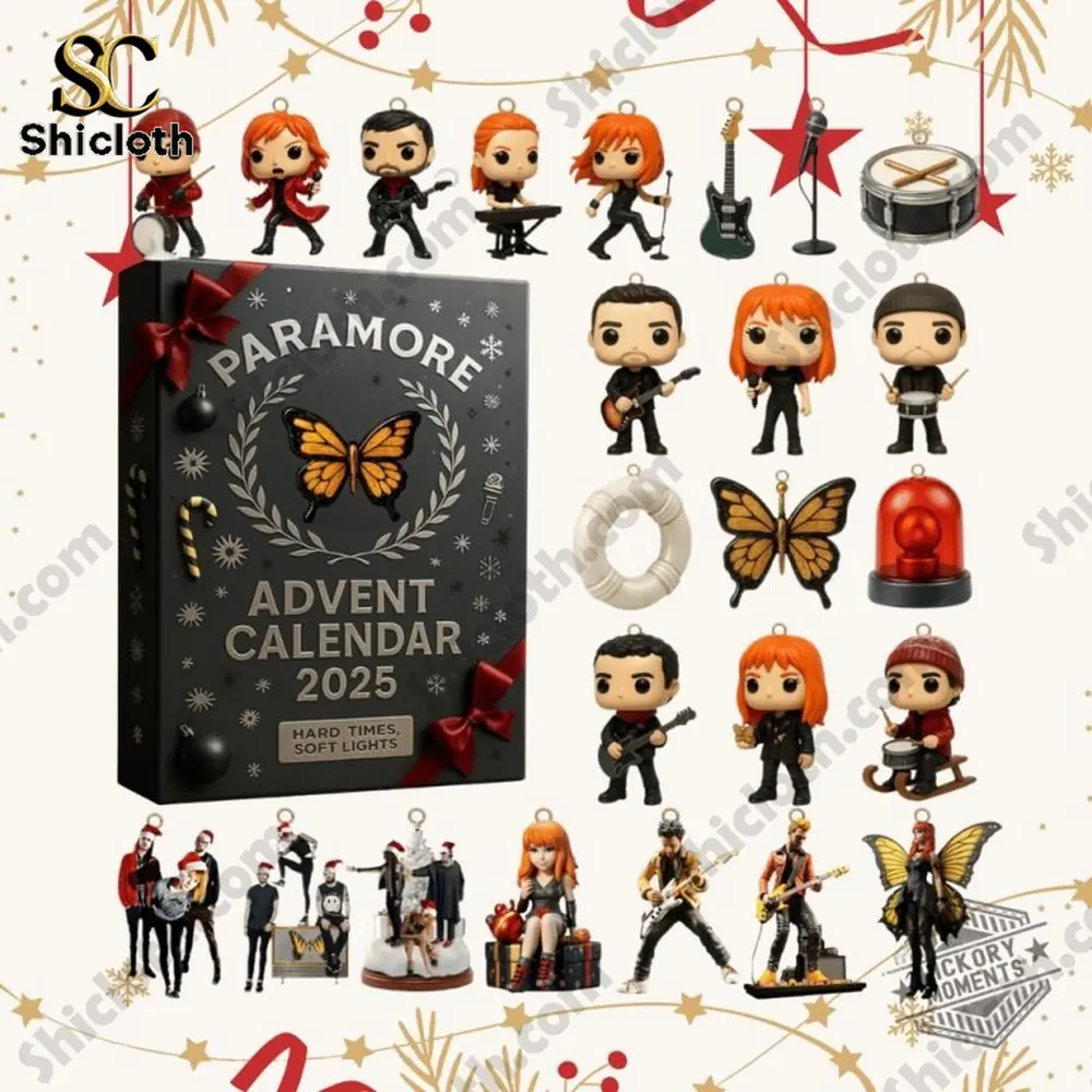 Mini collectible figures from the Shicloth Paramore Advent Calendar 2025 displayed around the box.