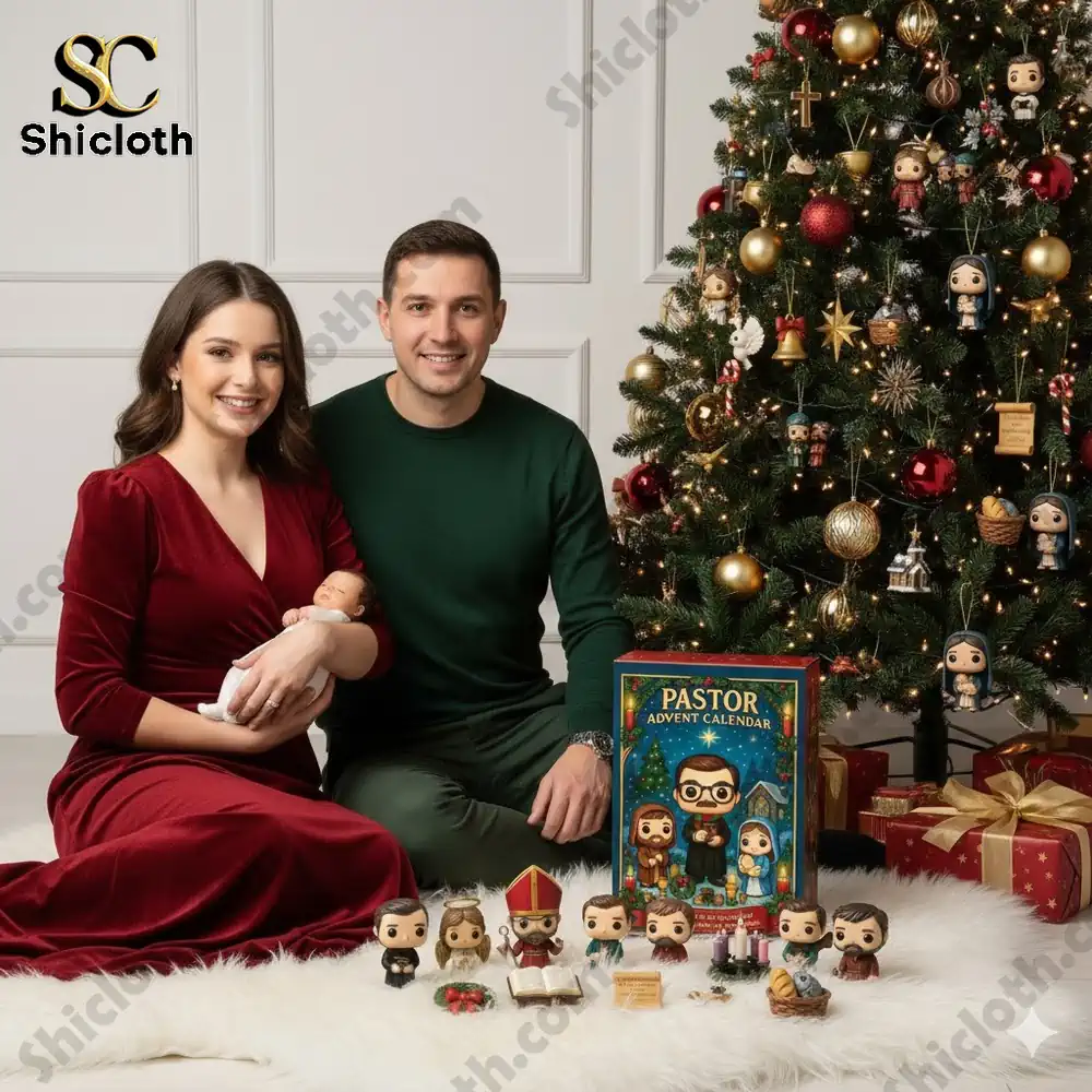 A family sits by a Christmas tree with the Shicloth Pastor Advent Calendar and small collectible figures displayed in front!