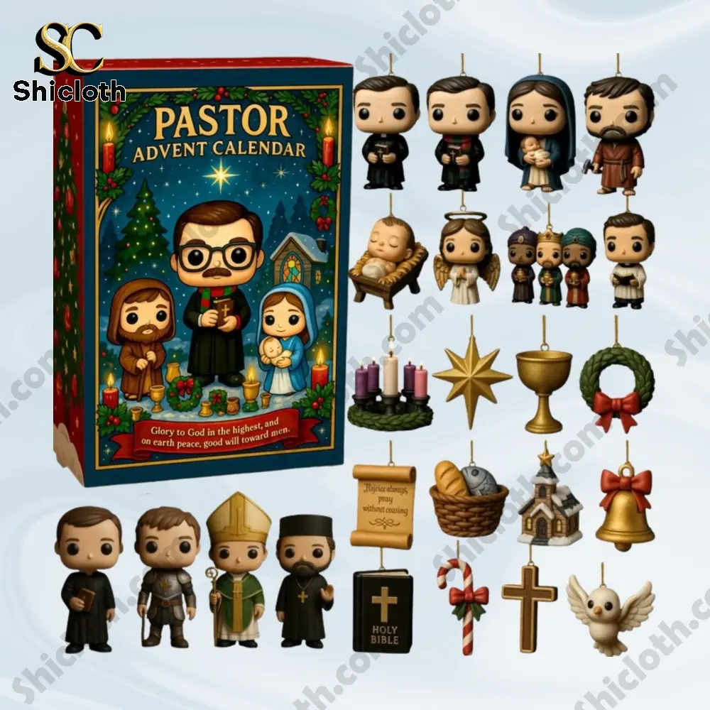 Shicloth Pastor Advent Calendar with small priest and nativity figures displayed around the box!