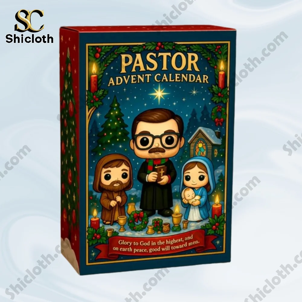 Pastor Advent Calendar 2025 3 Single Shicloth Pastor Advent Calendar box with nativity artwork and priest illustration!