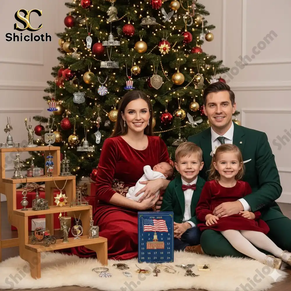 Family sitting by Christmas tree with Shicloth patriotic advent calendar and ornaments.