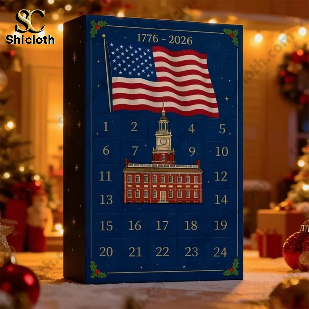 Shicloth patriotic advent calendar 2025 box with flag and historic building.