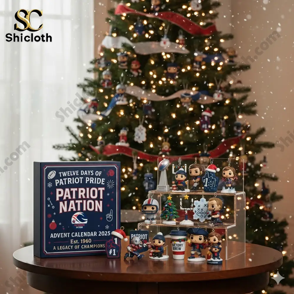 Patriots Nation Advent Calendar 2025 box with mini collectible figures displayed in front of a decorated Christmas tree.