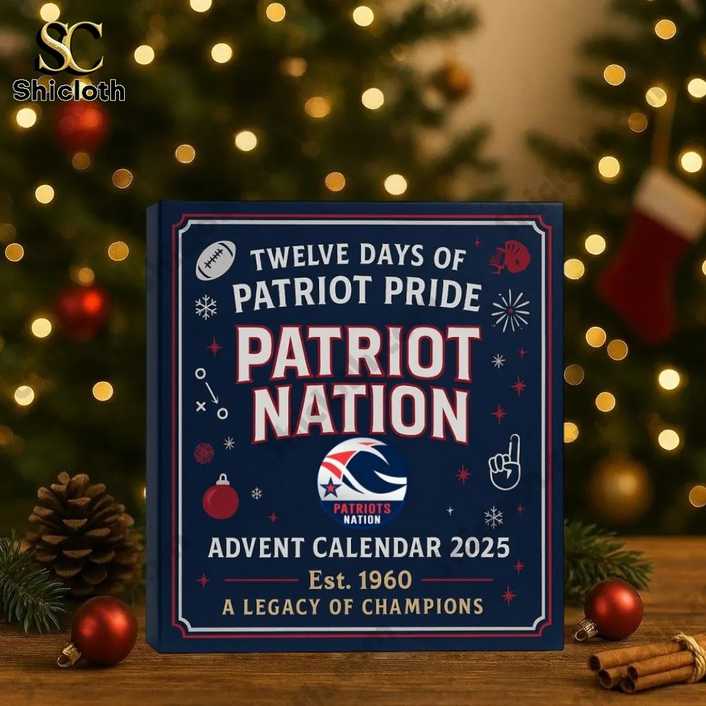 Close up of the Patriots Nation Advent Calendar 2025 box with Christmas tree lights in the background.