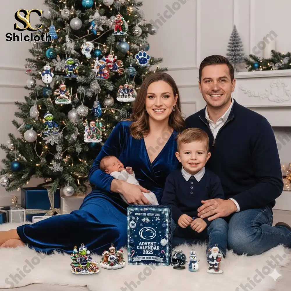 Family sitting by Christmas tree with Penn State Nittany Lions Advent Calendar 2025 and themed ornaments!