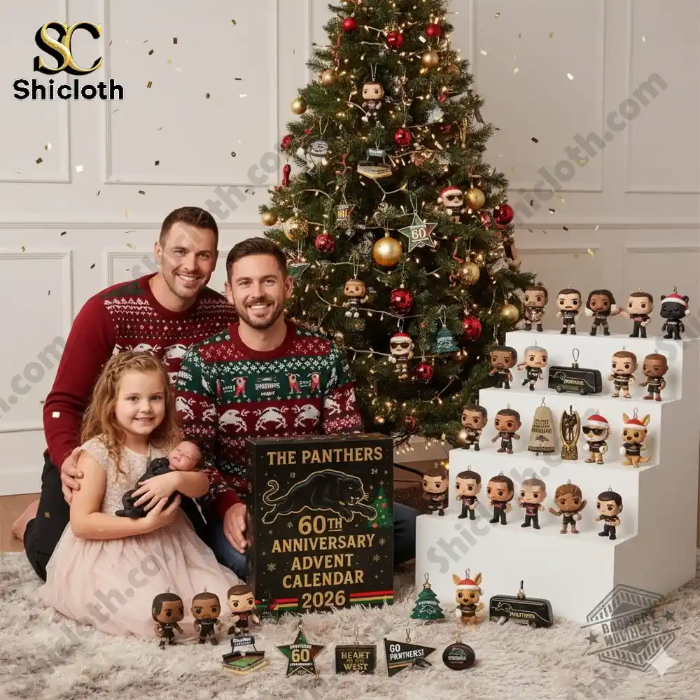 A family posing by a Christmas tree with The Panthers 60th Anniversary Advent Calendar 2026 and collectible figures displayed around them!