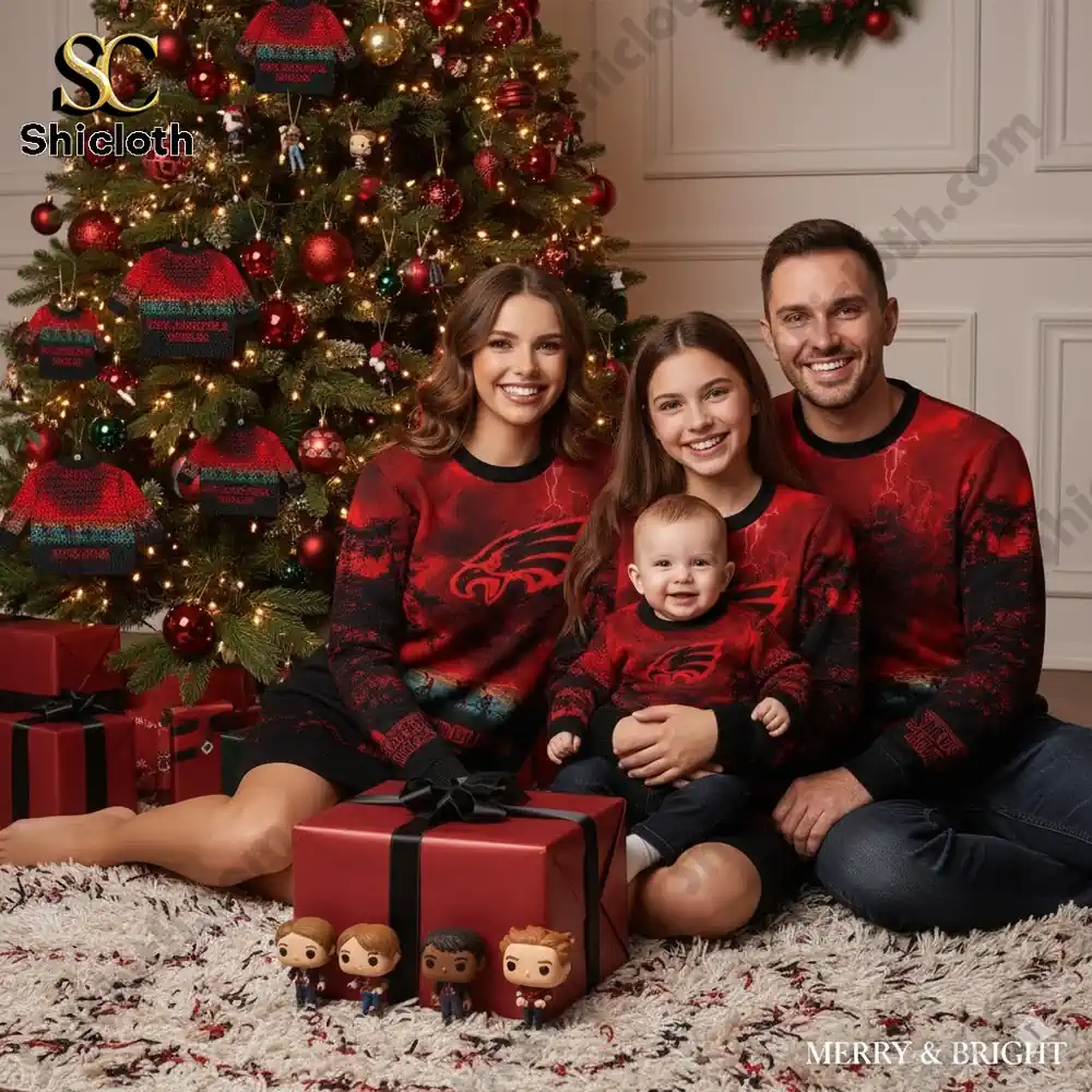 A family wearing matching Philadelphia Eagles Christmas sweaters sits beside a decorated Christmas tree.