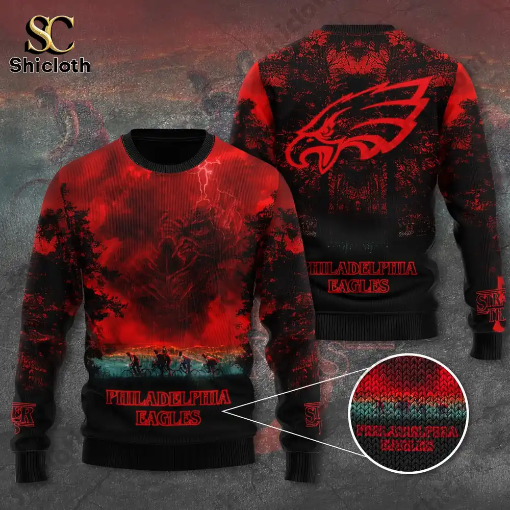 Front and back view of Philadelphia Eagles Christmas sweater with red and black design.
