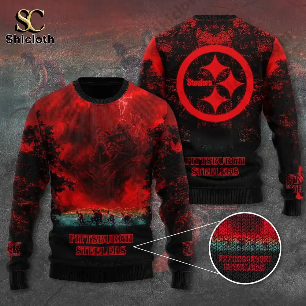 A red and black Pittsburgh Steelers sweater featuring Stranger Things themed artwork with the team logo on the back.
