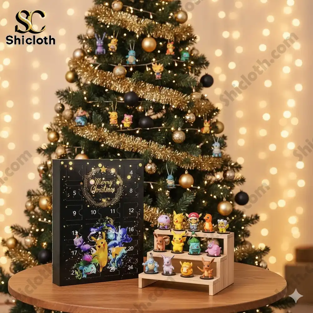 Pokémon advent calendar with mini figures displayed beside a Christmas tree with gold decorations.