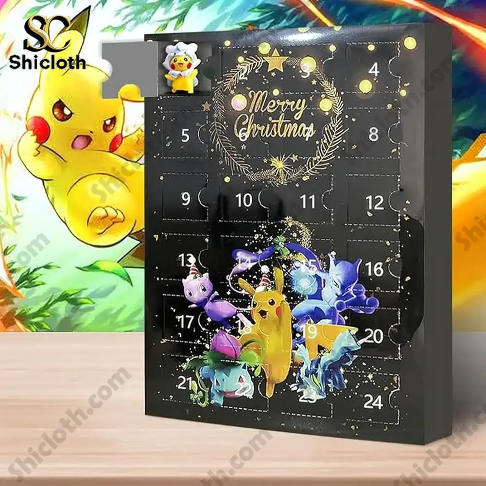 Close-up of a black Pokémon advent calendar box featuring Pikachu and festive artwork.