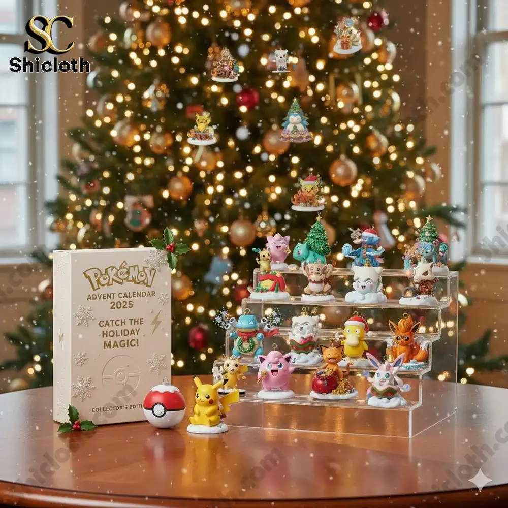Pokémon 2025 Advent Calendar display with mini Pokémon figures and Christmas tree in the background.