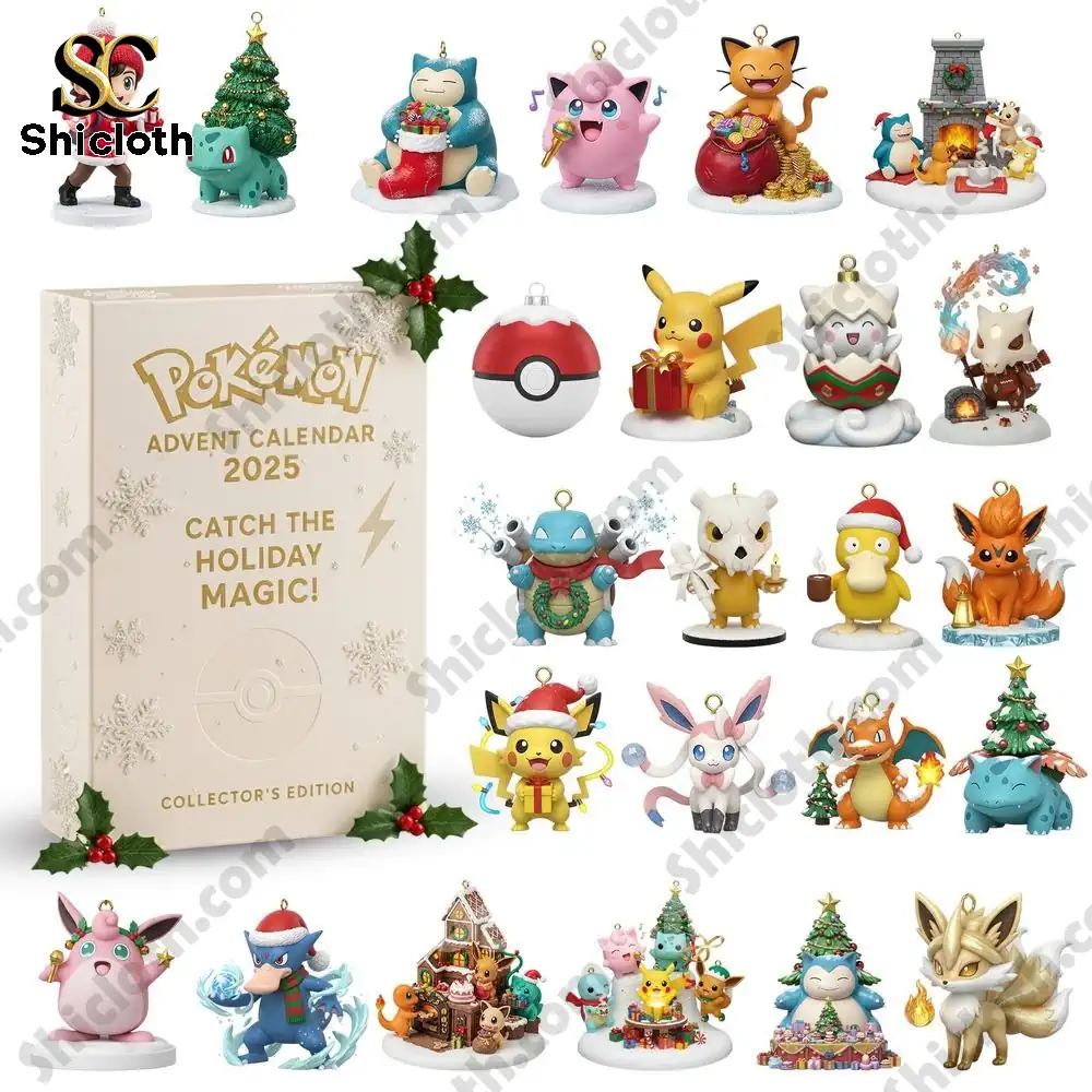 Complete Pokémon figure collection from the 2025 Advent Calendar displayed beside the product box.