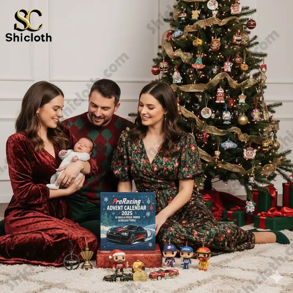 A family sitting by a Christmas tree holding a baby next to the Shicloth ProRacing Advent Calendar 2025 display.