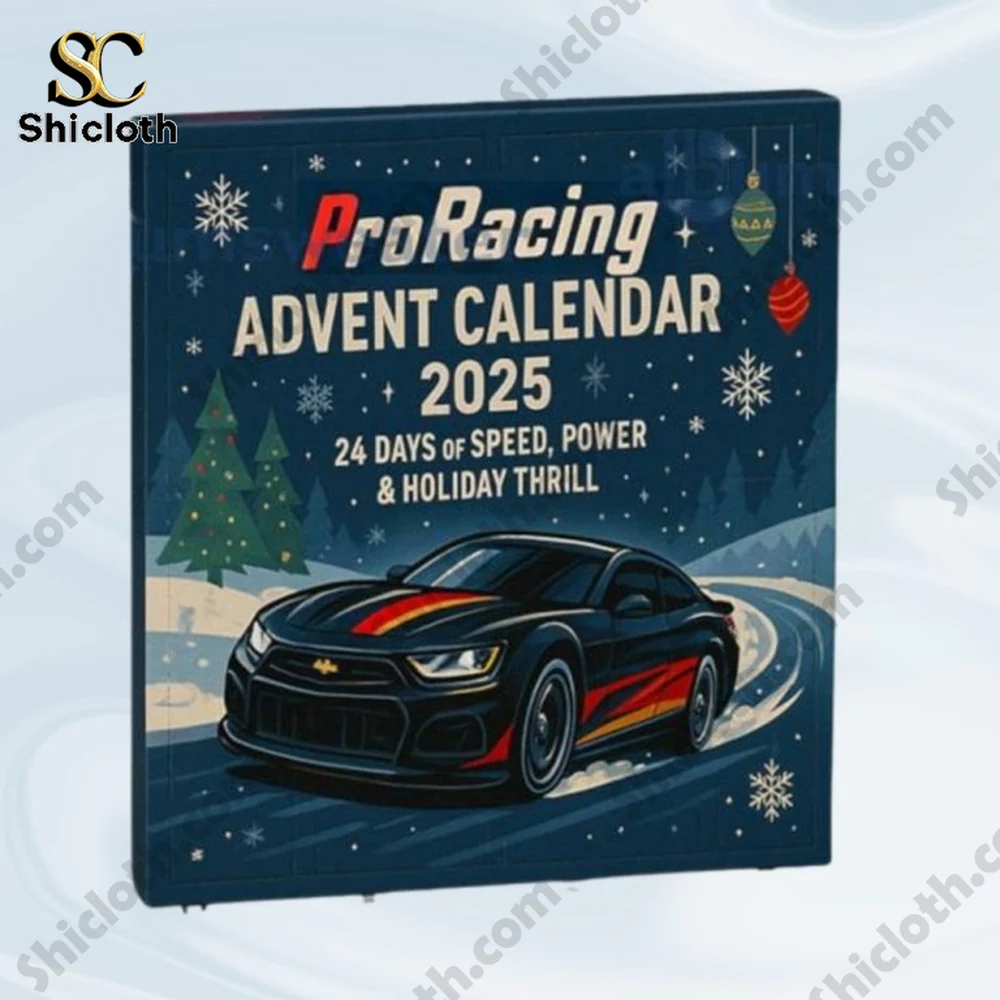 Close-up of the Shicloth ProRacing Advent Calendar 2025 box featuring a sports car design.