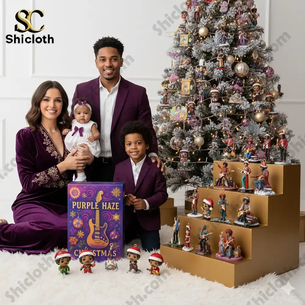 A family poses beside a Christmas tree and the Purple Haze Christmas Advent Calendar box with collectible figurines displayed.