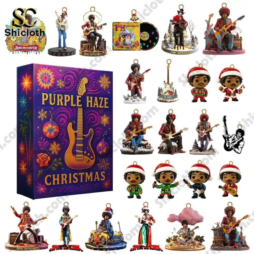 Collection of detailed figurines and ornaments displayed with the Purple Haze Christmas Advent Calendar box.