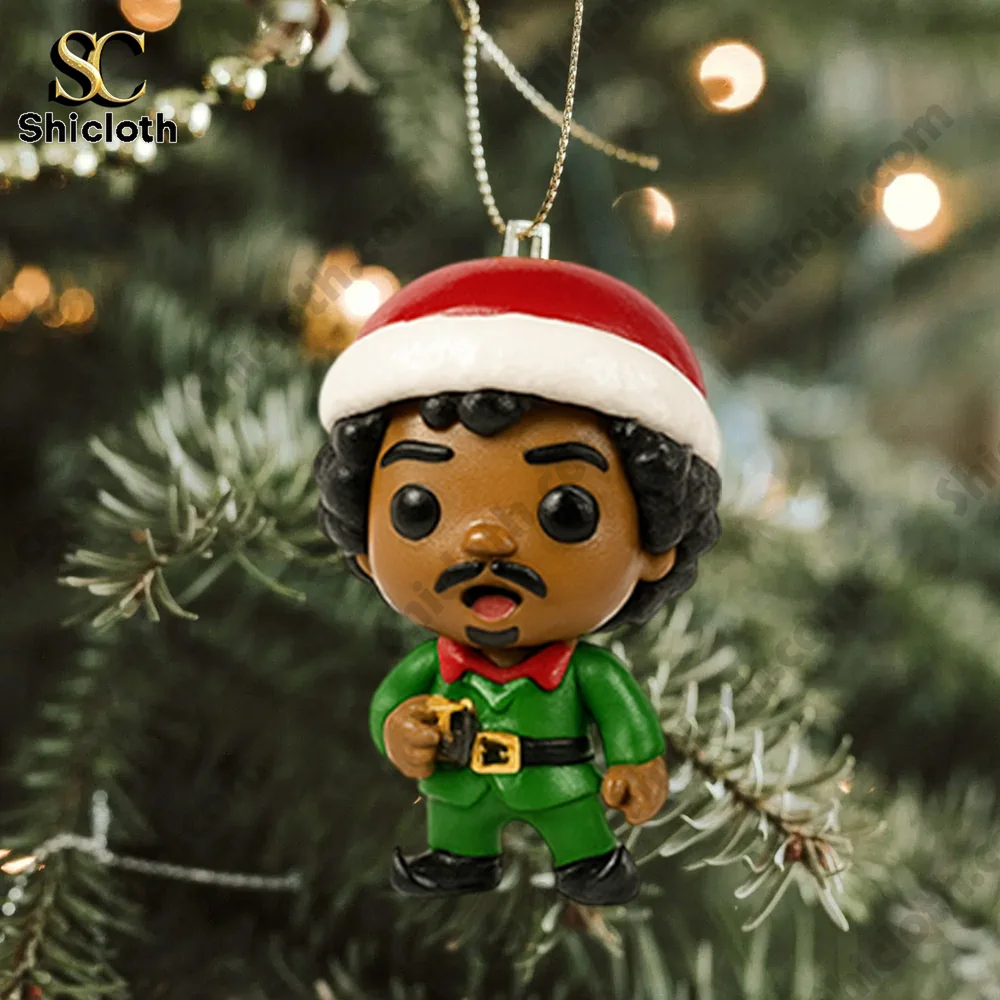 Purple Haze Premium Advent Calendar 2025 5 Close-up of a small green elf ornament with a Santa hat hanging on a Christmas tree.