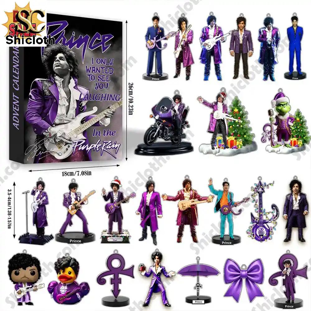 Close up of the Prince Purple Rain Advent Calendar box featuring the artist in his iconic purple outfit!