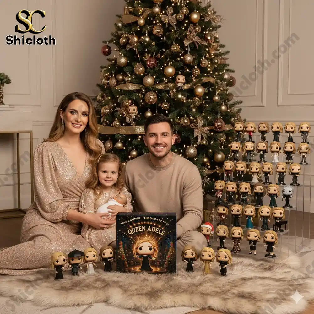A family sitting by a Christmas tree with the Shicloth Queen Adele Advent Calendar 2025 display.