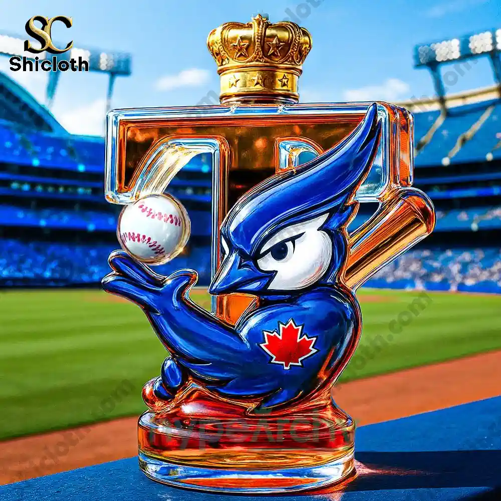 Toronto Blue Jays Crown Royal Whiskey Bottle 3 A glass bottle shaped like the letter T with a Blue Jay mascot holding a baseball and a gold crown cap, set in a baseball stadium.