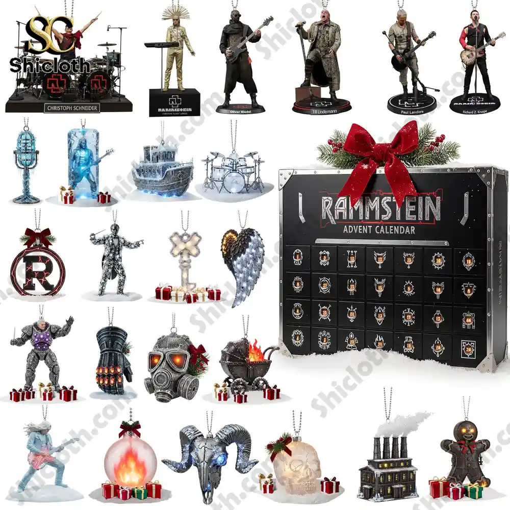 Rammstein Band Christmas Advent Calendar 2025 3 Array of Rammstein themed figurines ornaments and miniature set pieces displayed next to the Rammstein advent calendar box.