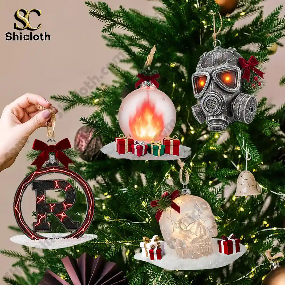 Rammstein Band Christmas Advent Calendar 2025 4 Close up of Rammstein themed ornaments including a skull bauble a gas mask and a band emblem hanging on a Christmas tree.