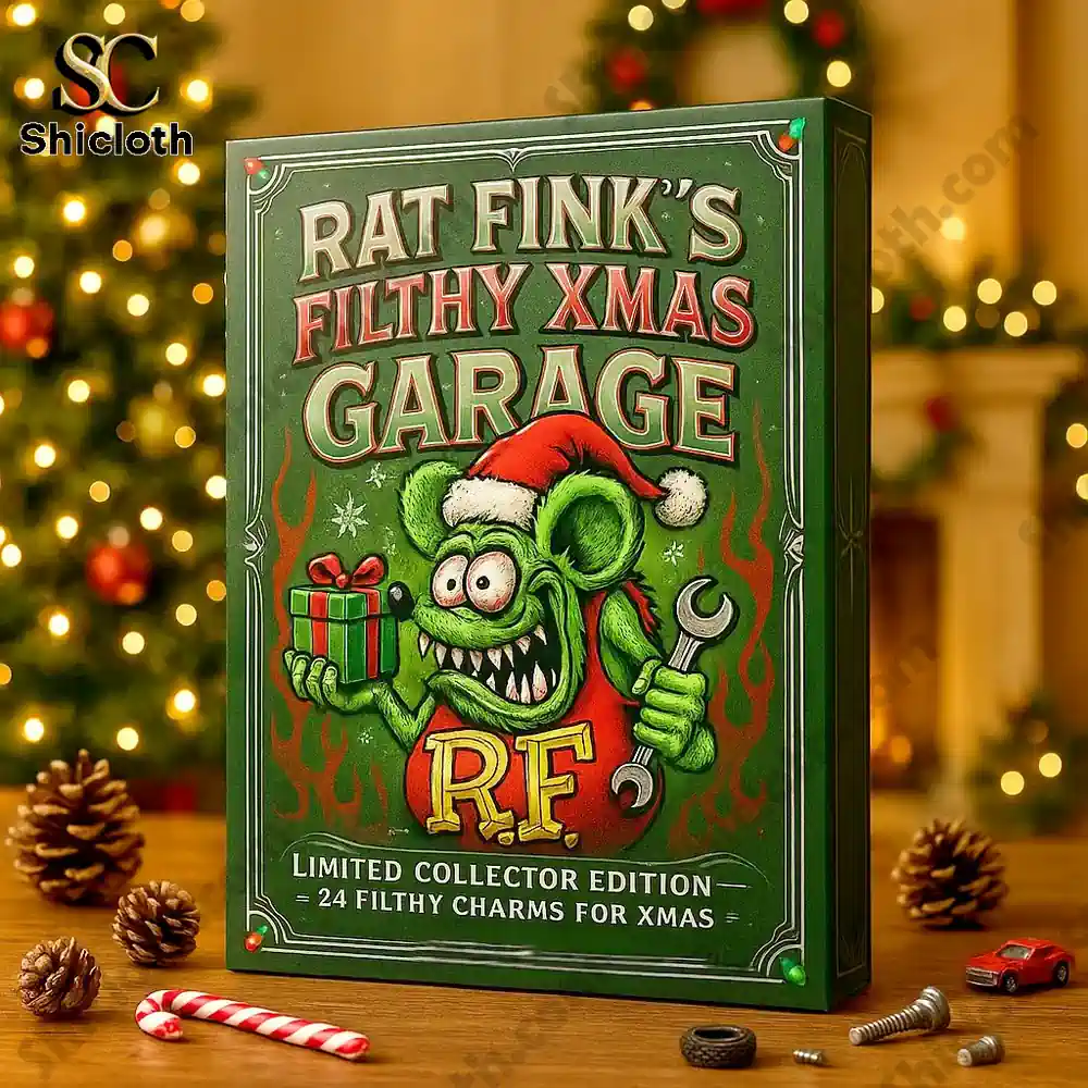 Rat Fink Limited Edition 2025 Advent Calendar 3 Close-up of the Rat Fink Filthy Xmas Garage box on a wooden table with Christmas decorations in the background!