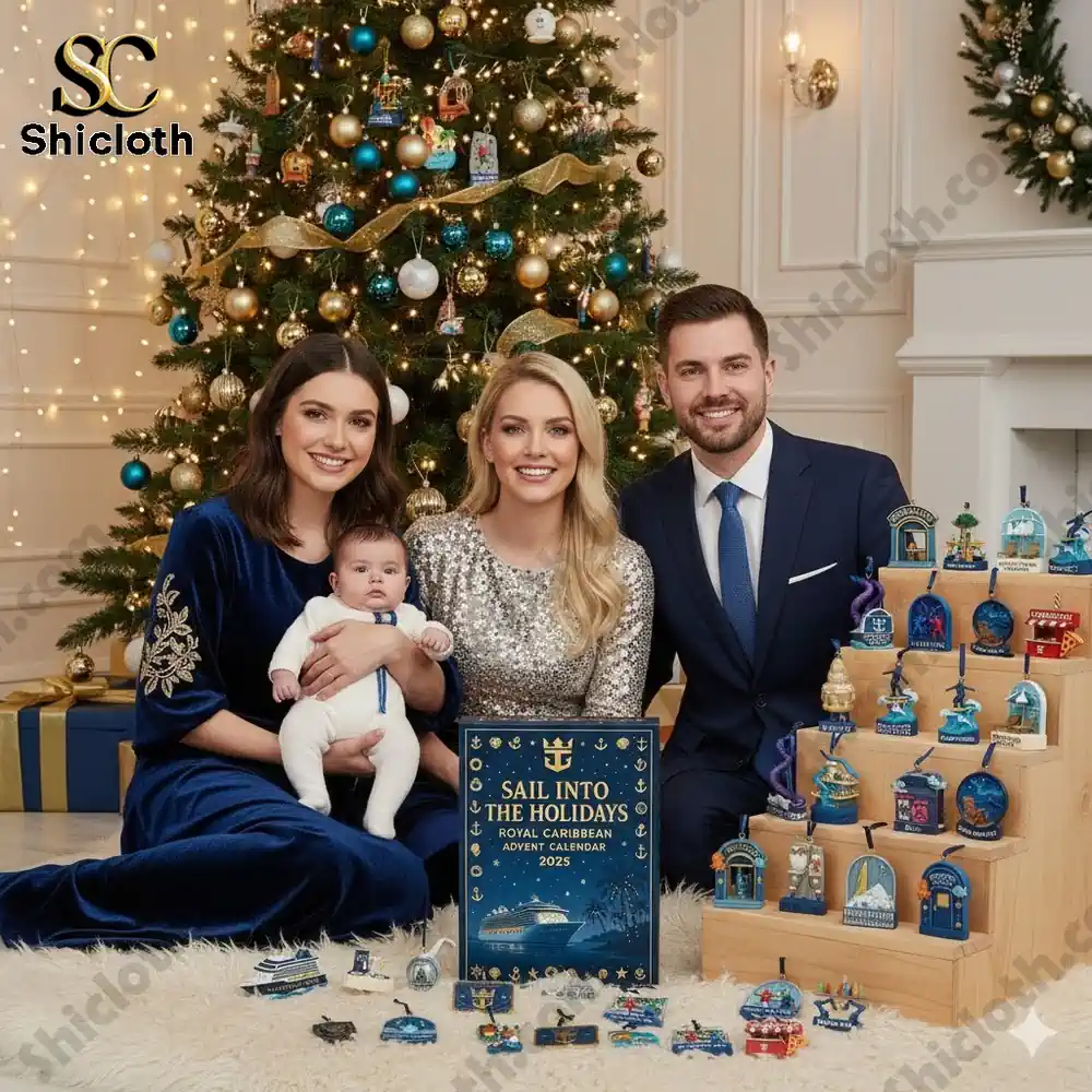 A family sitting by a Christmas tree with the Shicloth Royal Caribbean Advent Calendar 2025 and miniature ornaments.