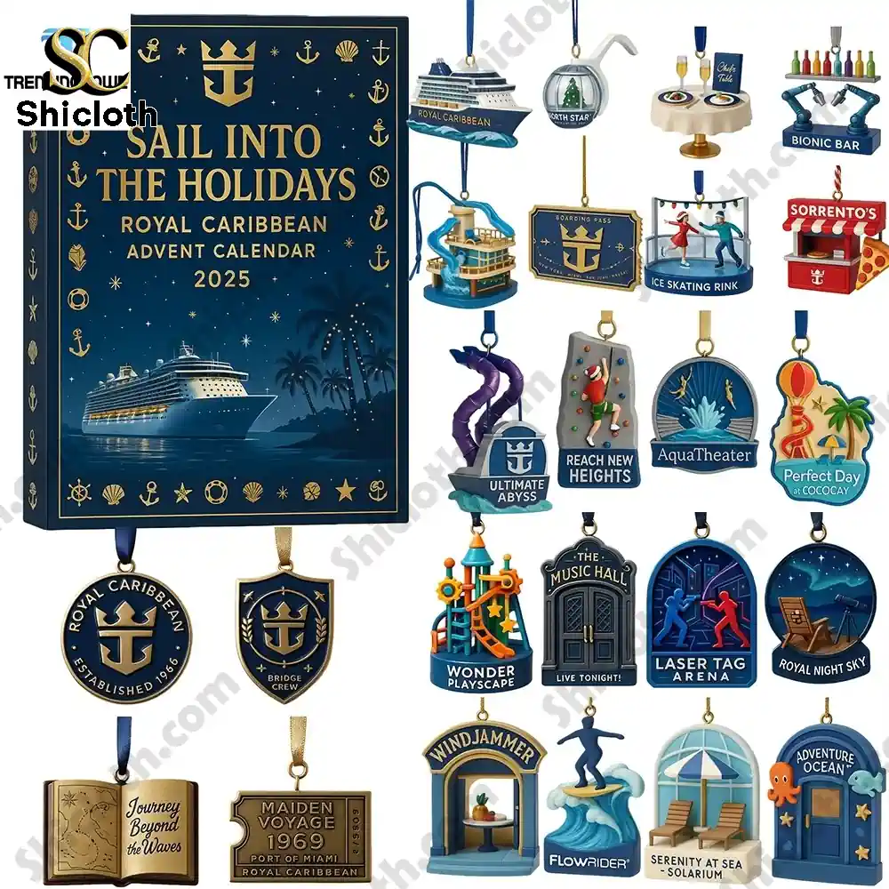 Mini collectible cruise ship-themed ornaments from the Shicloth Royal Caribbean Advent Calendar 2025.