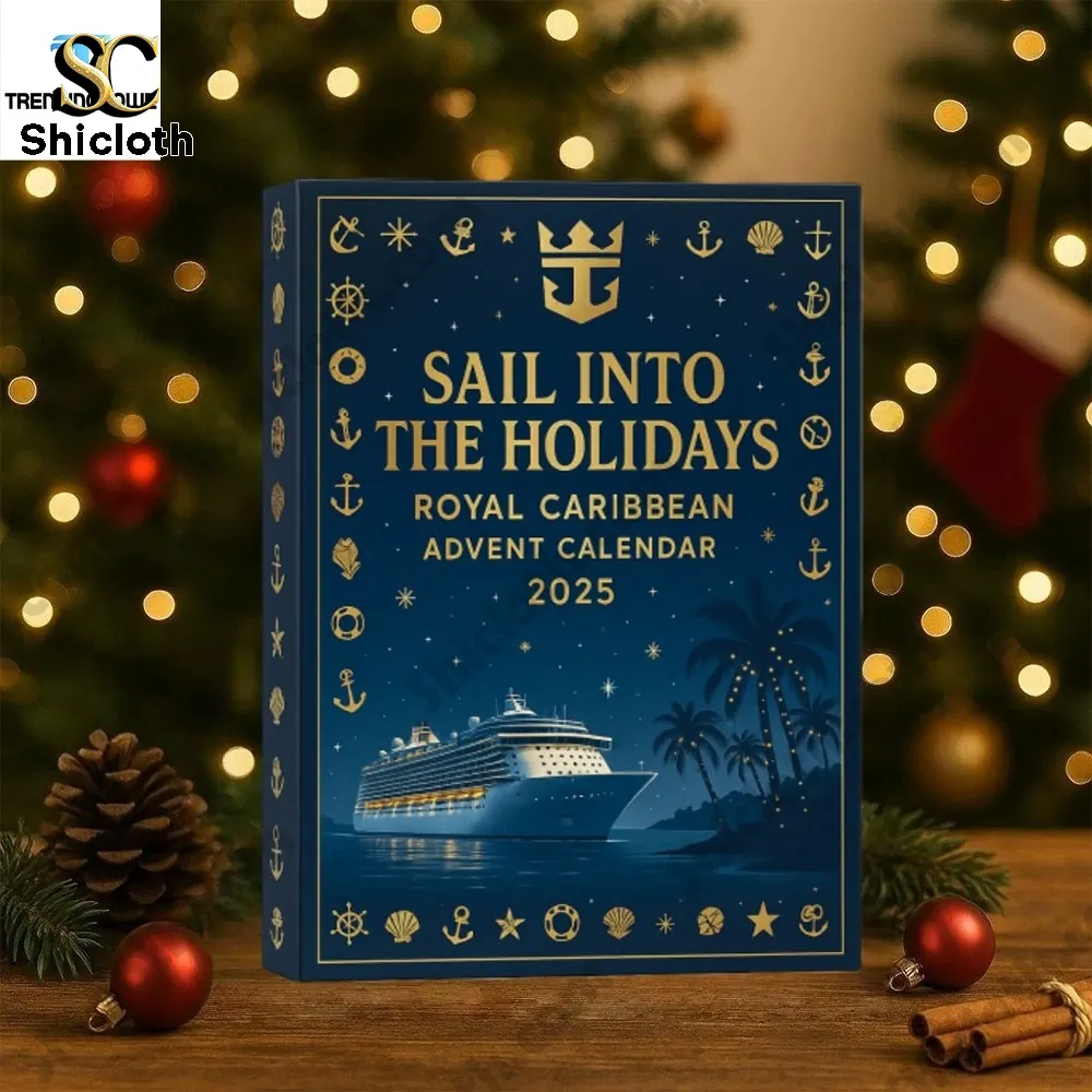 Royal Caribbean International Advent Calendar 2025 3 Close-up of the Shicloth Royal Caribbean Advent Calendar 2025 box with festive Christmas lights in the background.