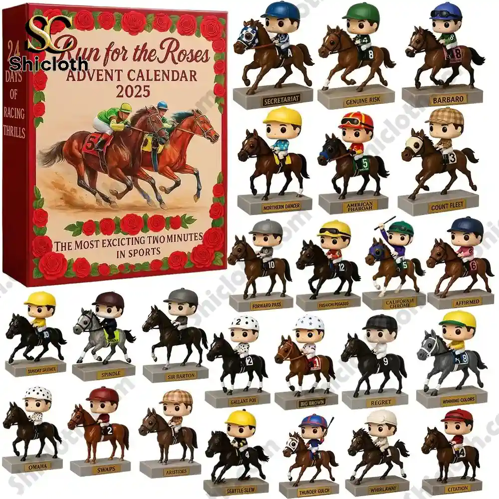 Complete horse racing figure collection from the Run for the Roses 2025 Advent Calendar displayed with the box.