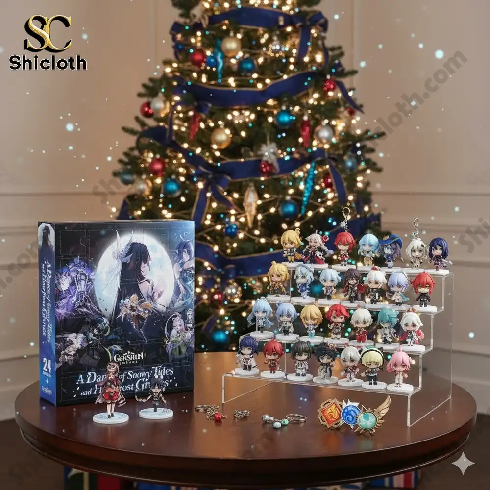 Genshin Impact Christmas advent calendar set with character figures displayed near a decorated Christmas tree!
