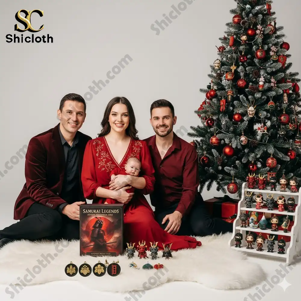 A family sitting beside a Christmas tree with the Samurai Legends Advent Calendar 2025 and miniature samurai figures displayed in front!