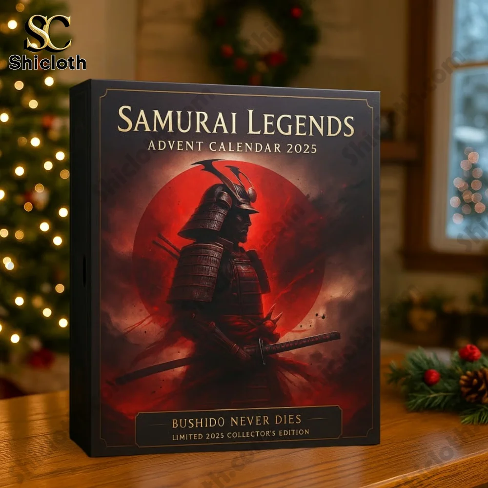 A close-up of the Samurai Legends Advent Calendar 2025 box featuring a samurai design beside a glowing Christmas tree!