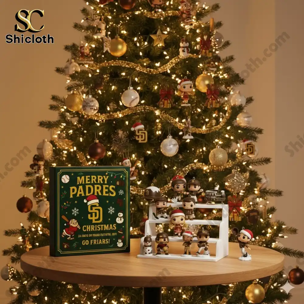 San Diego Padres Advent calendar displayed in front of a decorated Christmas tree with festive lights and ornaments!