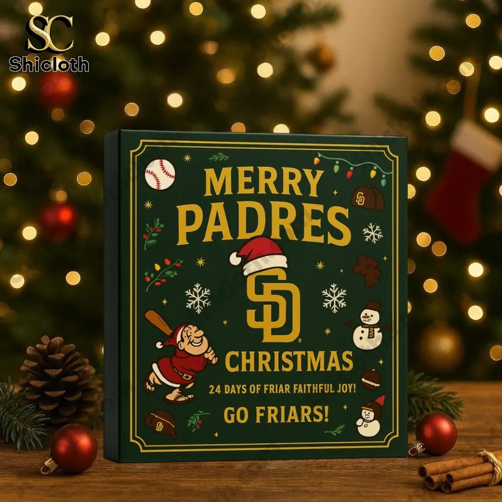 Close up of San Diego Padres Merry Christmas Advent calendar box with holiday lights in the background!