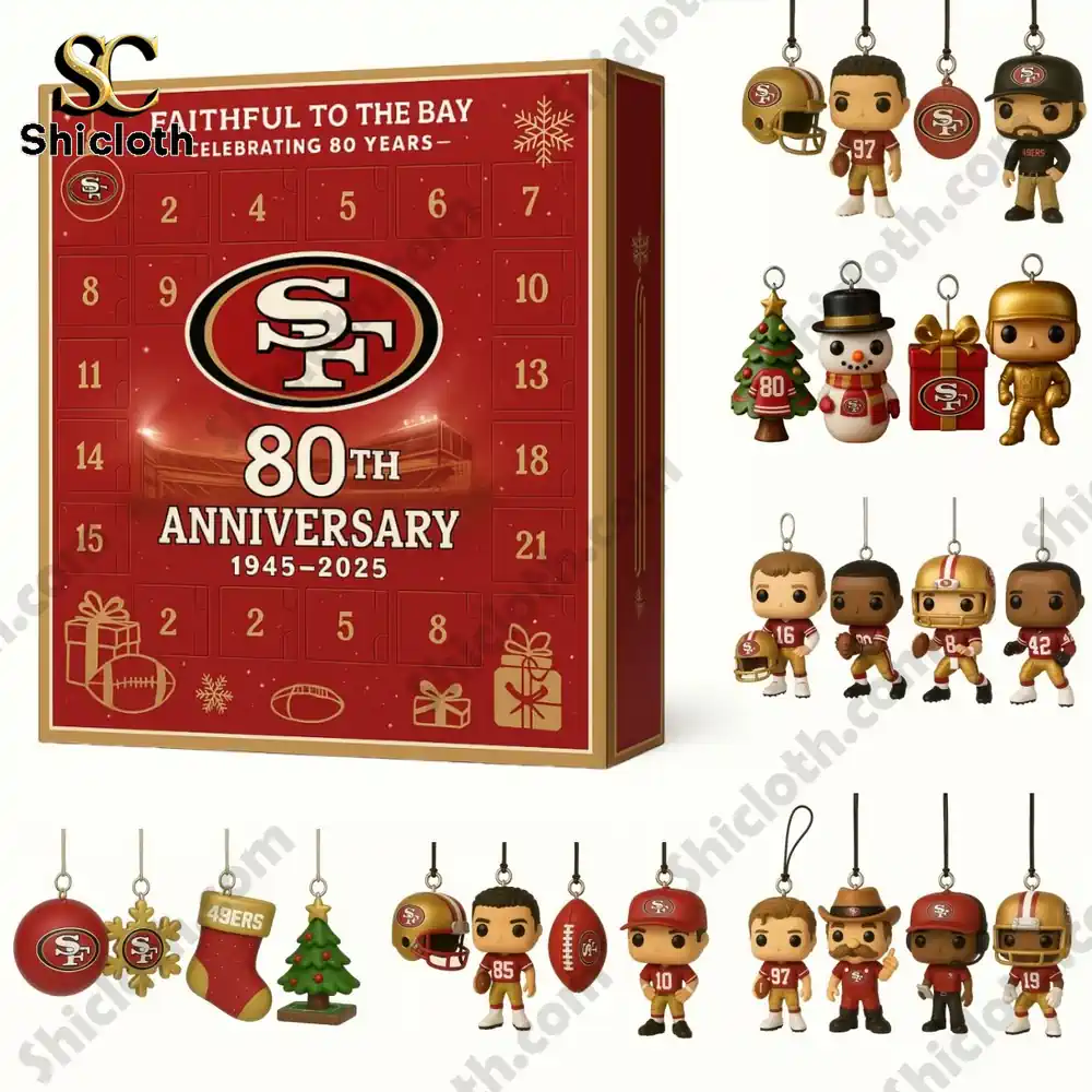 A collection of San Francisco 49ers themed mini figures and ornaments with the 80th Anniversary Advent Calendar box.